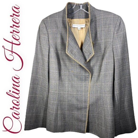 CAROLINA HERRERA Elegant Wool Micro Plaid Collarless Gray Blazer, Size 10 - Picture 5 of 12